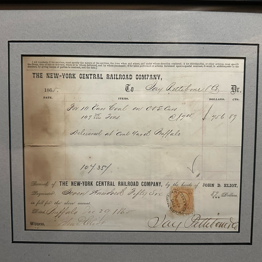 1865 Framed Antique New York Central Railroad Document